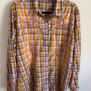 Rock 47‎ by Wrangler Purple and Yellow Plaid Button Down Shirt Western
